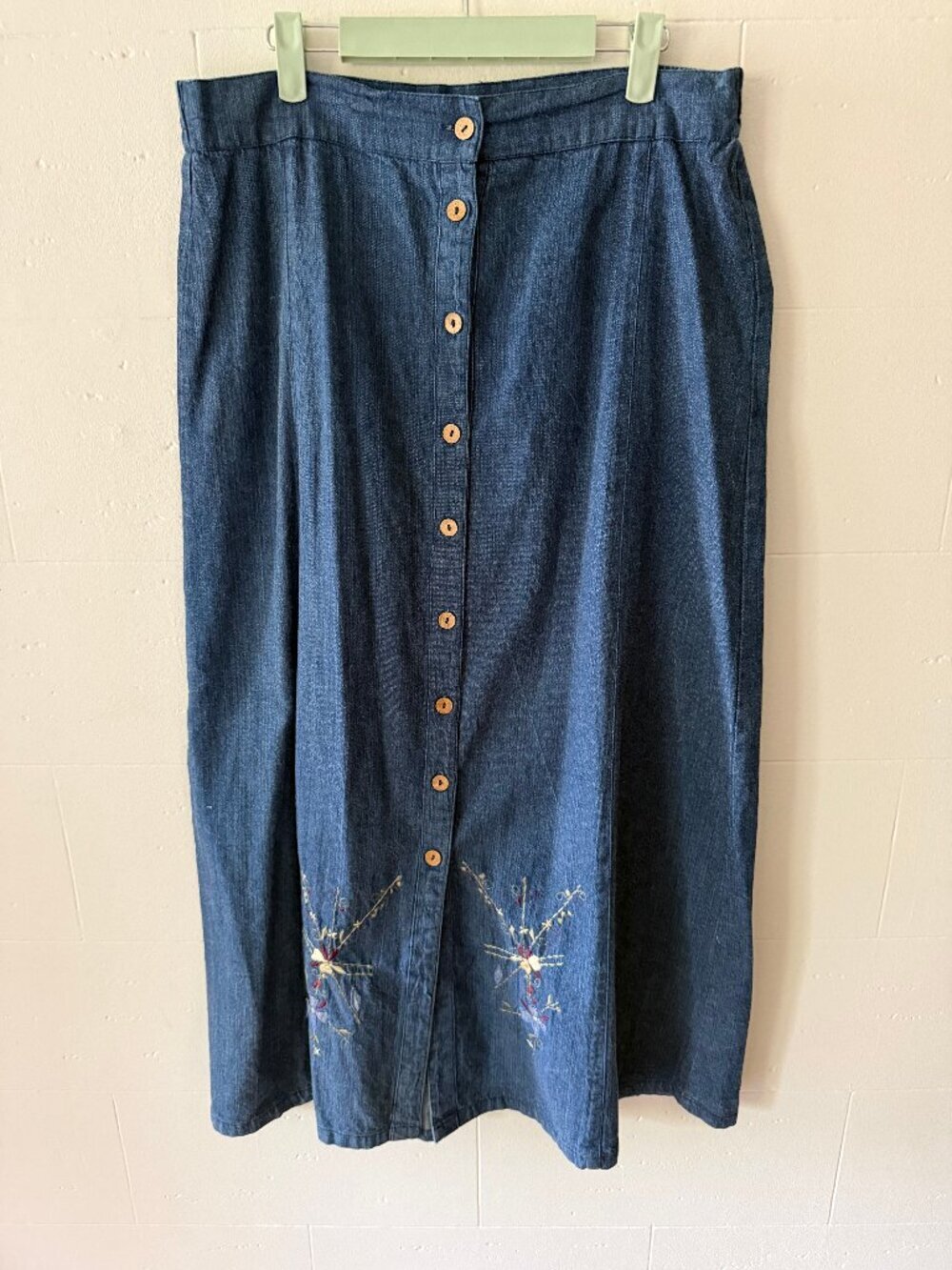 Vintage Denim Button Front Embroidered Maxi Skirt | Western Cottagecore | Large